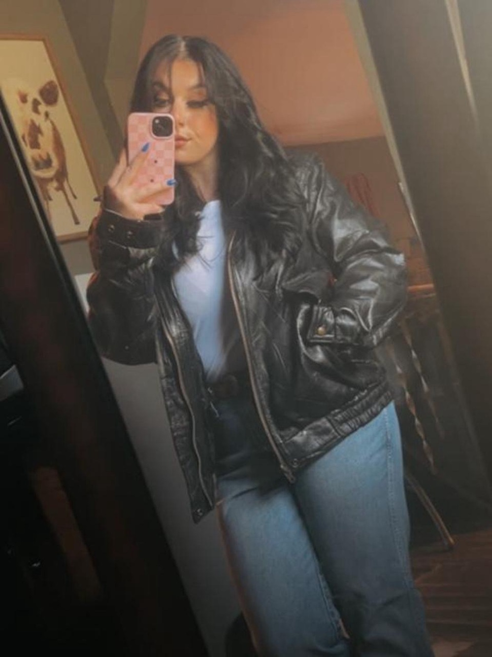 Vintage Black Leather Bomber Jacket